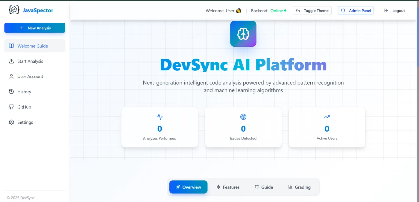 JavaSpector dashboard showing analyses performed, issues detected and active users