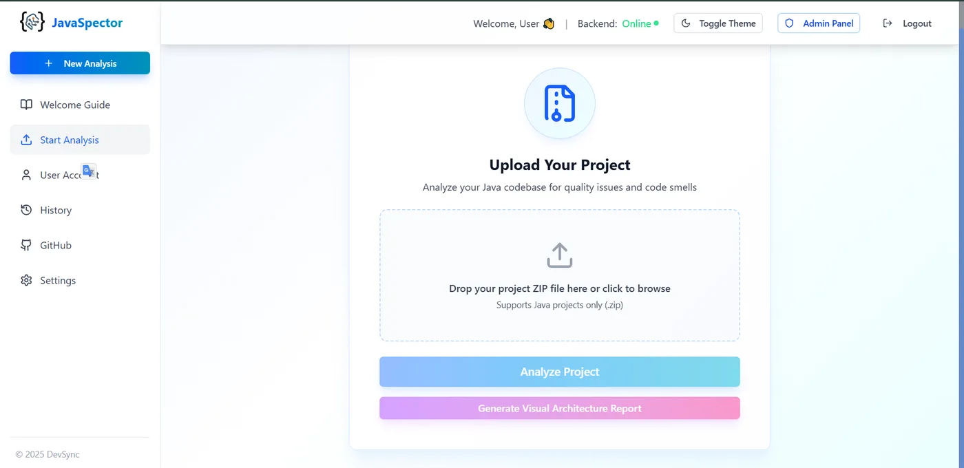 JavaSpector project upload screen for Java codebase analysis