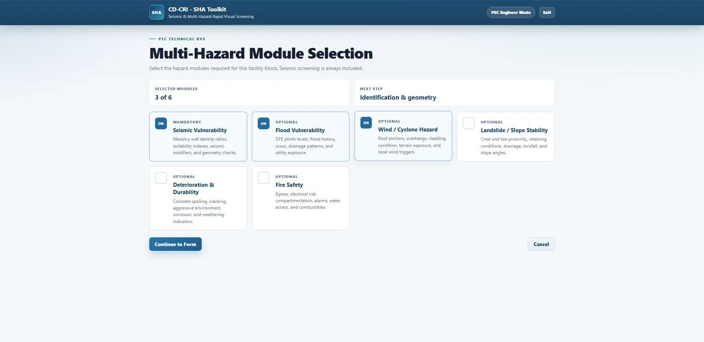 SHA Toolkit hazard module screens