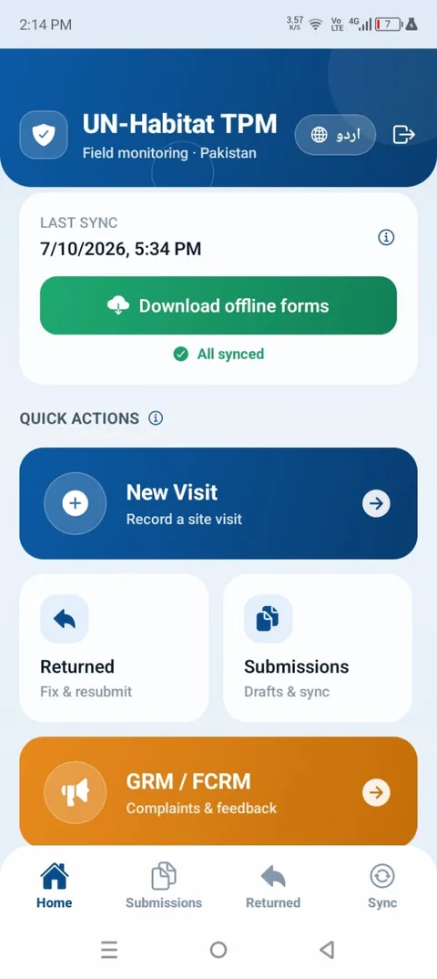 UN-Habitat TPM field app home screen with offline forms download and quick actions