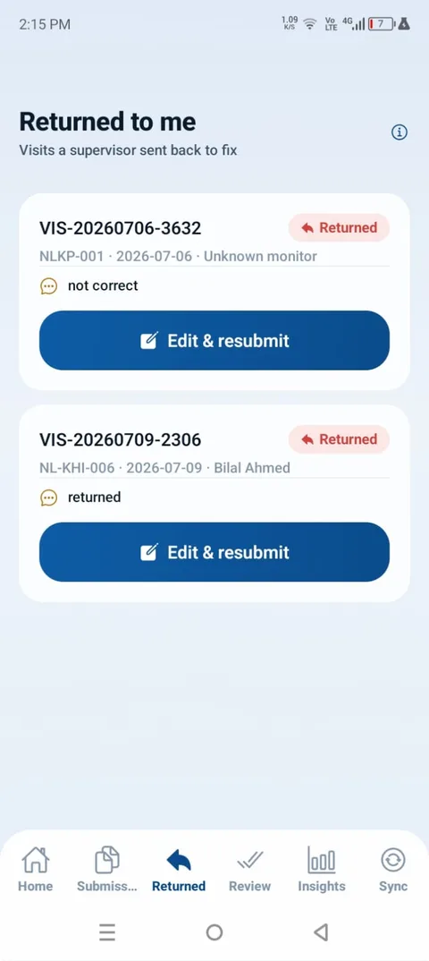 TPM app returned-to-me screen showing supervisor return-and-fix workflow